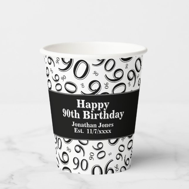 90th Birthday Black/White Random Number Pattern 90 Paper Cups (Front)