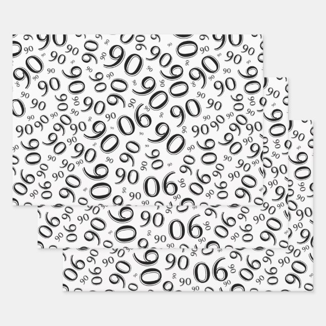 90th Birthday Black & White Random Number Pattern Wrapping Paper Sheets (Set)