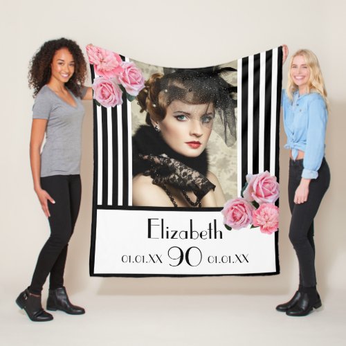 90th birthday black white stripes floral photo fleece blanket