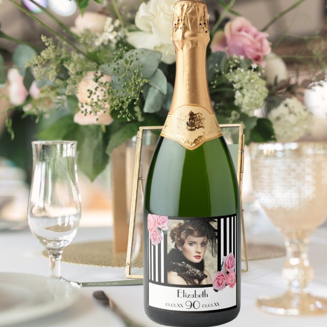 90th birthday black white stripes floral photo sparkling wine label (Creator Uploaded)