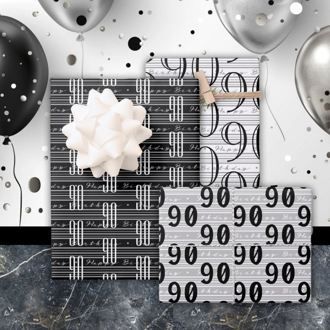 90th Birthday Black White Typography Numbers Wrapping Paper Sheets (Creator Uploaded)