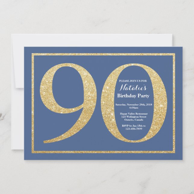 90th Birthday Blue and Gold Glitter Invitation
