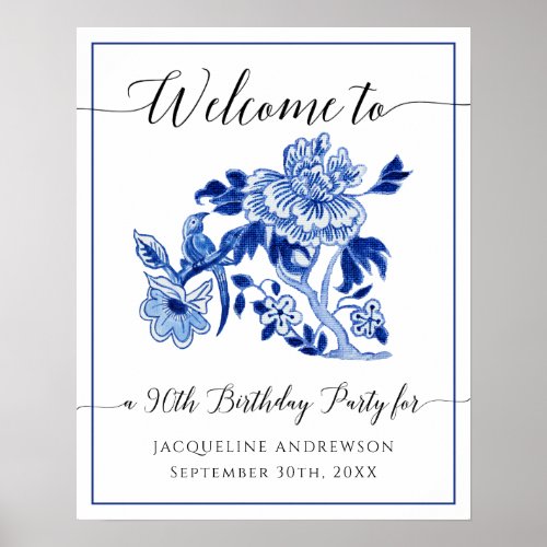 90th Birthday Blue and White Chinoiserie Floral Poster