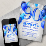 90th Birthday Blue Balloons Invitation<br><div class="desc">A party, a whole party, and nothing but a party. That's what's in this birthday design. Featuring bold numbers and elegant typography surrounded by balloons, this design is as fun and bold as he is. The blue and silver color scheme lends an edgy, masculine air to the design. Perfect for...</div>