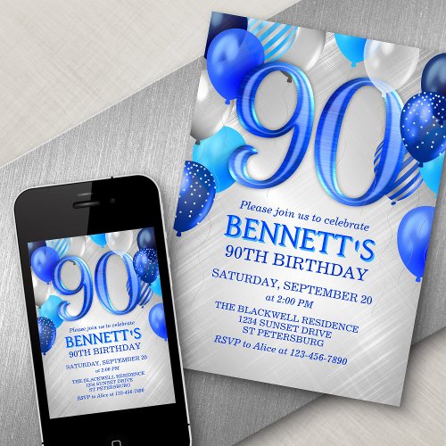 90th Birthday Blue Balloons Invitation