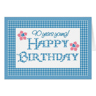 90th Birthday, Blue Check Gingham Pattern Cards