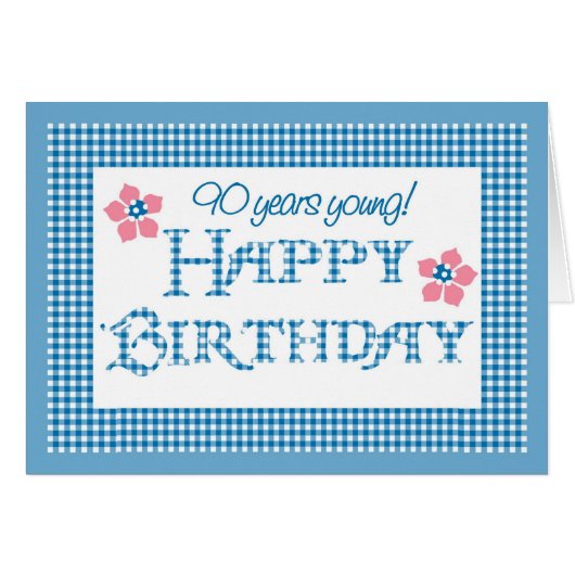 90th Birthday, Blue Check Gingham Pattern Cards (Front Horizontal)