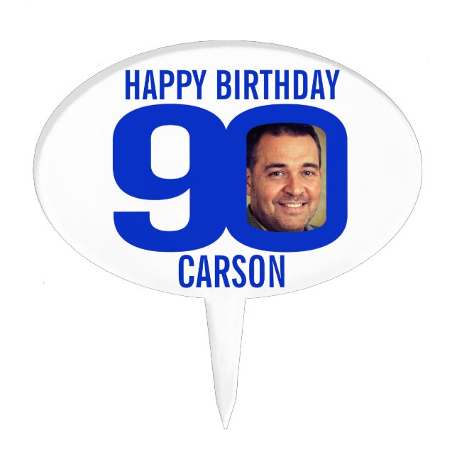 90th birthday blue custom photo  cake topper (Front)