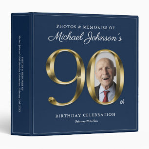 90th Birthday Blue Elegant Gold Text Photo Classy 3 Ring Binder