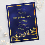 90th birthday blue gold music notes invitation<br><div class="desc">On front: A trendy, modern 90th birthday party invitation card for men. A dark blue, navy blue background. The blue color is uneven. With a faux gold frame and music notes, golden colored letters. Templates for your party information. Back: white background. Tip: If you don't want it to look like...</div>