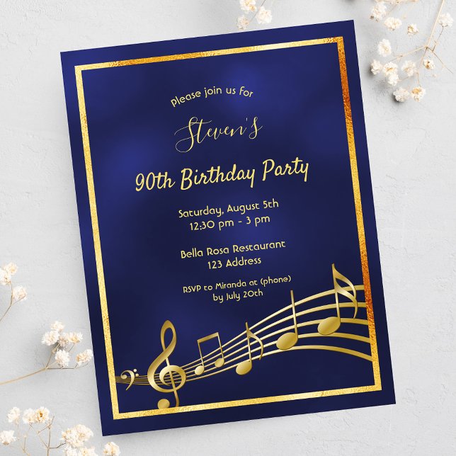 90th birthday blue gold music notes invitation (Creator Uploaded)