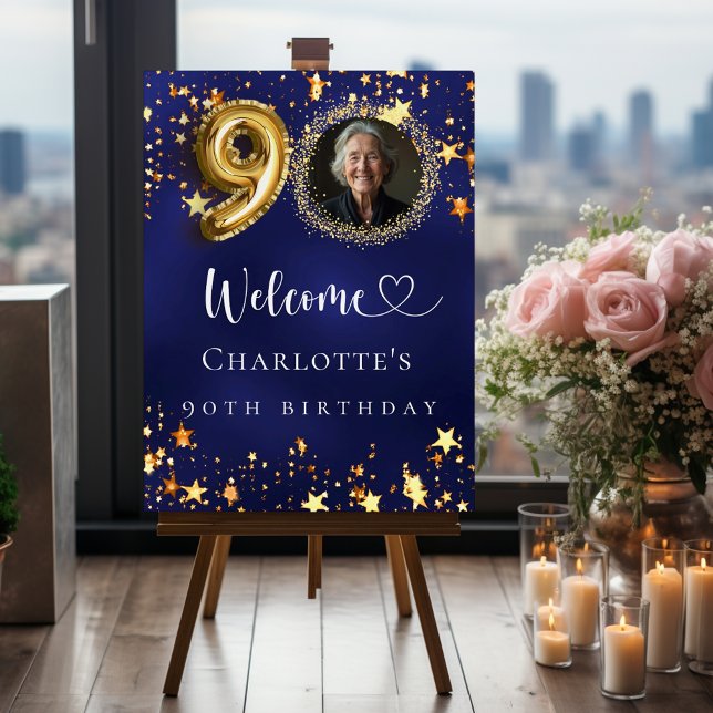 90th Birthday blue gold stars photo welcome Foam Board (Creator Uploaded)