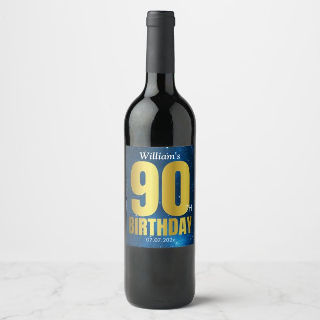 90th Birthday Blue Gold Wine Label (Front)