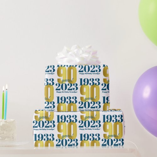 90th Birthday Blue Gold Wrapping Paper