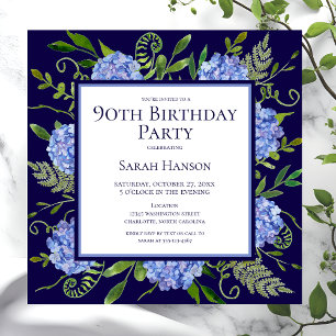 90th Birthday Blue Hydrangeas Floral Watercolor Invitation