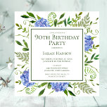 90th Birthday Blue Hydrangeas Floral Watercolor Invitation<br><div class="desc">This blue hydrangea 90th birthday party/bunch invitation is whimsical and stunning! With its watercolor multi-hued blue hydrangeas, wispy natural greenery, and a photo of the birthday girl on the back it is perfect for your loved one turning 90. By selecting Personalize this template and typing in your information and uploading...</div>