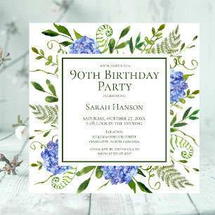 90th Birthday Blue Hydrangeas Floral Watercolor Invitation