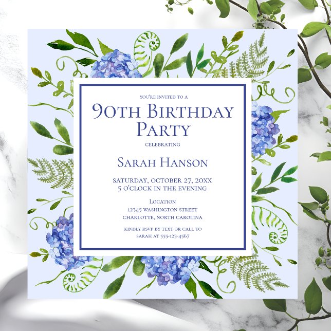 90th Birthday Blue Hydrangeas Floral Watercolor Invitation (Creator Uploaded)