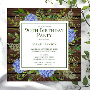 90th Birthday Blue Hydrangeas Floral Watercolor Invitation