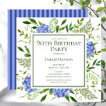 90th Birthday Blue Hydrangeas Floral Watercolor Invitation<br><div class="desc">This blue hydrangea 90th birthday party/bunch invitation is whimsical and stunning! With its watercolor multi-hued blue hydrangeas, wispy natural greenery, and coordinating blue striped back it is perfect for the woman you love who’s turning 90. By selecting Personalize this template and typing in your information you can see your gorgeous...</div>