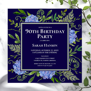 90th Birthday Blue Hydrangeas Floral Watercolor Invitation