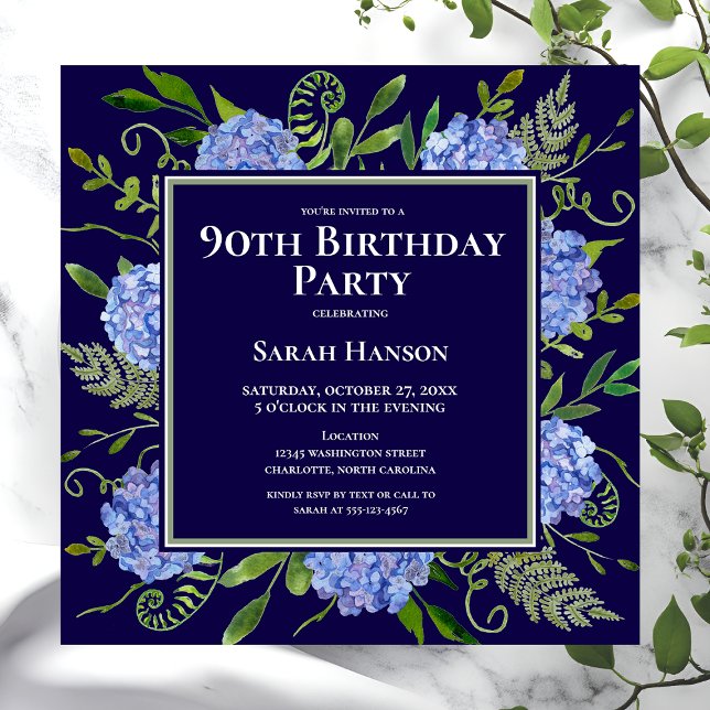 90th Birthday Blue Hydrangeas Floral Watercolor Invitation (Creator Uploaded)