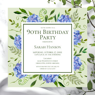 90th Birthday Blue Hydrangeas Floral Watercolor Invitation