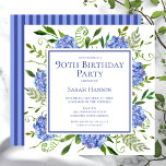 90th Birthday Blue Hydrangeas Floral Watercolor Invitation<br><div class="desc">This blue hydrangea 90th birthday party/bunch invitation is whimsical and stunning! With its watercolor multi-hued blue hydrangeas, wispy natural greenery, and coordinating blue striped back it is perfect for your loved one's 90th birthday celebration. By selecting Personalize this template and typing in your information you can see your gorgeous invitations...</div>