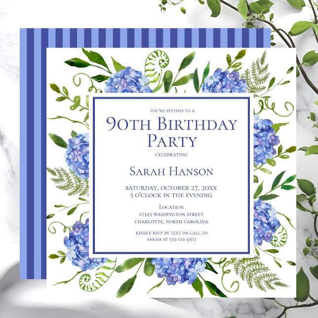 90th Birthday Blue Hydrangeas Floral Watercolor Invitation (Creator Uploaded)