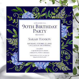 90th Birthday Blue Hydrangeas Floral Watercolor Invitation