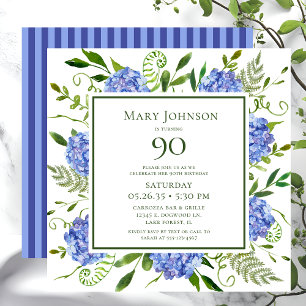 90th Birthday Blue Hydrangeas Floral Watercolor Invitation