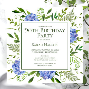 90th Birthday Blue Hydrangeas Floral Watercolor Invitation