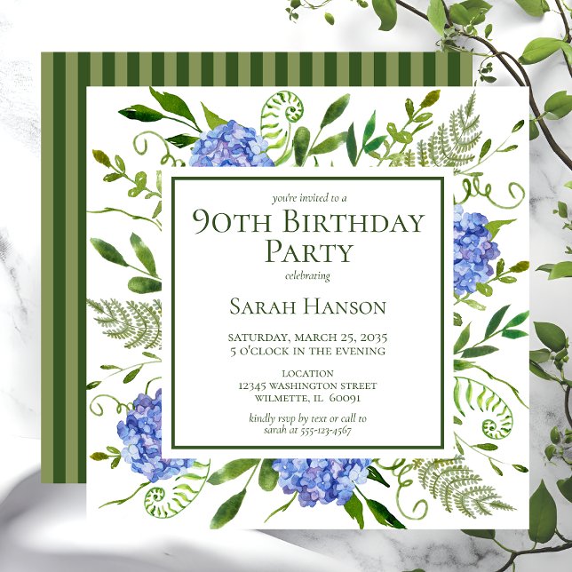 90th Birthday Blue Hydrangeas Floral Watercolor Invitation (Creator Uploaded)