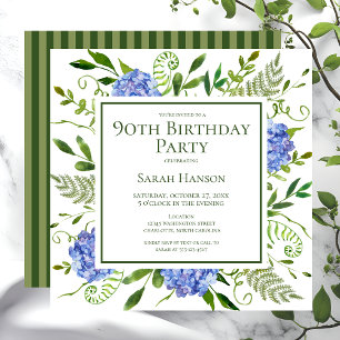 90th Birthday Blue Hydrangeas Floral Watercolor Invitation