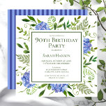 90th Birthday Blue Hydrangeas Floral Watercolor Invitation<br><div class="desc">This blue hydrangea 90th birthday party/bunch invitation is whimsical and stunning! With its watercolor multi-hued blue hydrangeas, wispy natural greenery, and coordinating blue striped back it is perfect for your loved one turning ninety. By selecting Personalize this template and typing in your information you can see your gorgeous invitations in...</div>