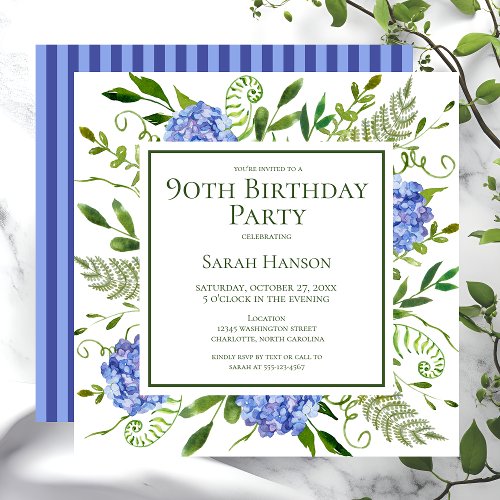 90th Birthday Blue Hydrangeas Floral Watercolor