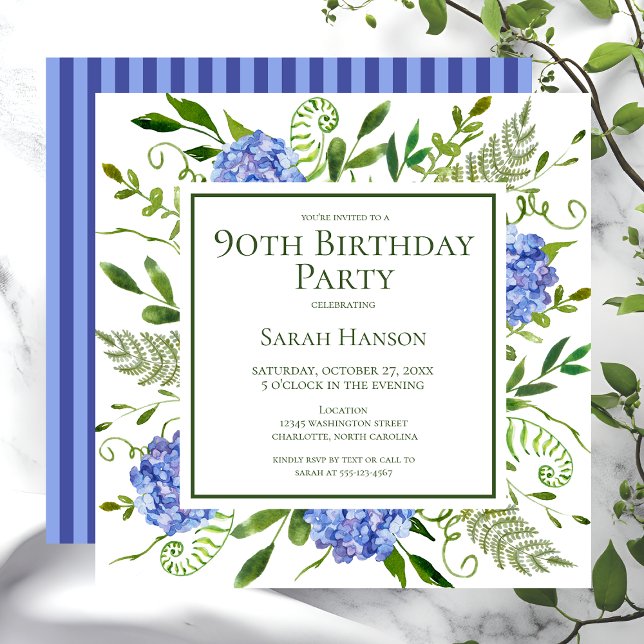 90th Birthday Blue Hydrangeas Floral Watercolor Invitation (Creator Uploaded)