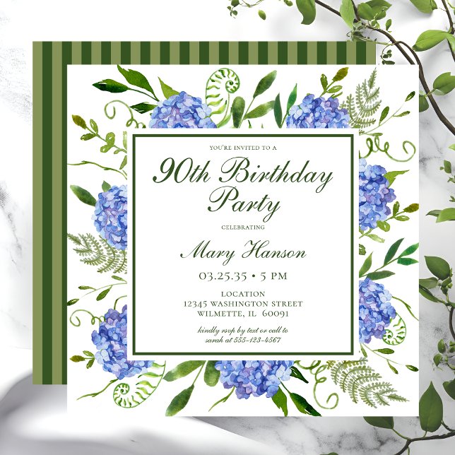 90th Birthday Blue Hydrangeas Floral Watercolor Invitation (Creator Uploaded)