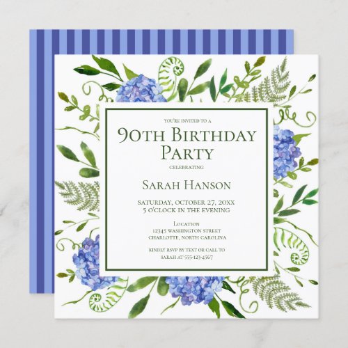90th Birthday Blue Hydrangeas Floral Watercolor Invitation