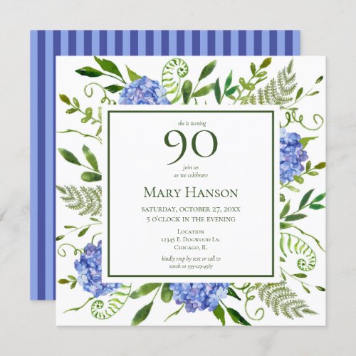 90th Birthday Blue Hydrangeas Invitation