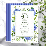 90th Birthday Blue Hydrangeas Invitation<br><div class="desc">This blue hydrangea 90th Birthday invitation is perfect for celebrating your wife, mom, sister, aunt, friend, grandmother, great grandmother. It's lovely watercolor flowers, blue striped back, and clean type make it stunning, modern yet classic! It's super easy to make these invitations by selecting Personalize this template and typing in your...</div>