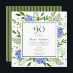 90th Birthday Blue Hydrangeas Invitation<br><div class="desc">This blue hydrangea 90th birthday party/brunch invitation is whimsical and stunning! With its watercolor multi-hued blue hydrangeas, wispy natural greenery, and coordinating green striped back it is perfect for celebrating your wife, mom, sister, aunt, friend, grandmother, great grandmother. By selecting Personalize this template and typing in your information you can...</div>
