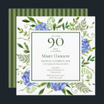 90th Birthday Blue Hydrangeas Invitation<br><div class="desc">This blue hydrangea 90th birthday party/brunch invitation is whimsical and stunning! With its watercolor multi-hued blue hydrangeas, wispy natural greenery, and coordinating green striped back it is perfect for celebrating your wife, mom, sister, aunt, friend, grandmother, great grandmother. By selecting Personalize this template and typing in your information you can...</div>