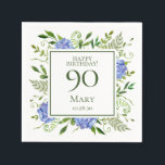 90th Birthday Blue Hydrangeas Napkins<br><div class="desc">These 90th birthday blue hydrangeas party/brunch cocktail napkins are whimsical and stunning! With their watercolor multi-hued blue hydrangeas, wispy natural greenery they are perfect for celebrating your wife, mom, sister, aunt, friend, grandmother, great grandmother. By selecting Personalize this template and typing in your information you can see your gorgeous napkins...</div>