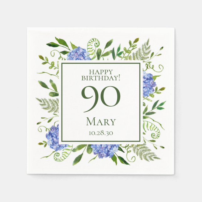 90th Birthday Blue Hydrangeas Napkins (Front)