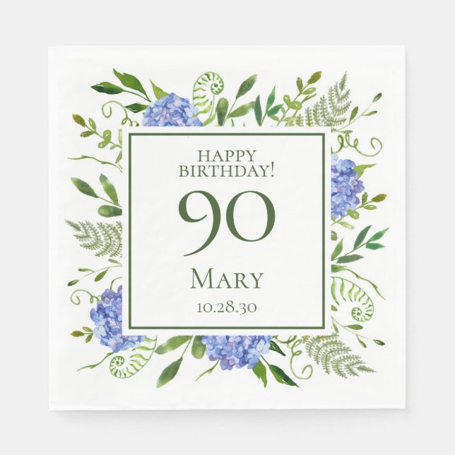 90th Birthday Blue Hydrangeas Napkins (Front)