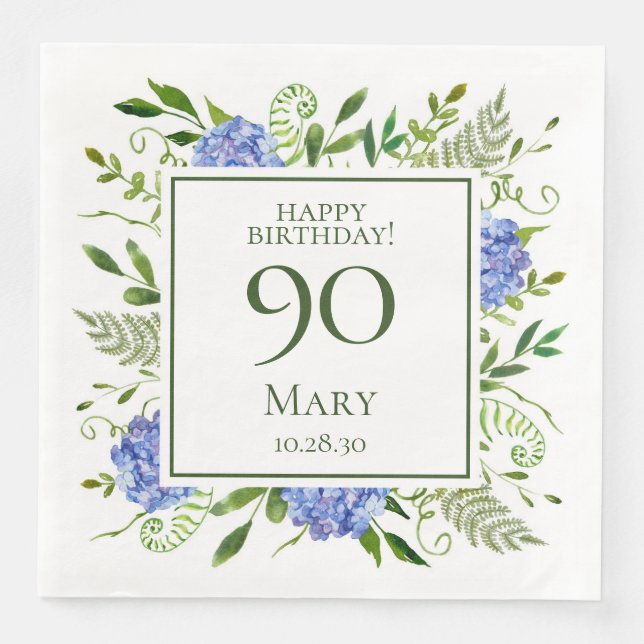 90th Birthday Blue Hydrangeas Paper Dinner Napkins (Front)