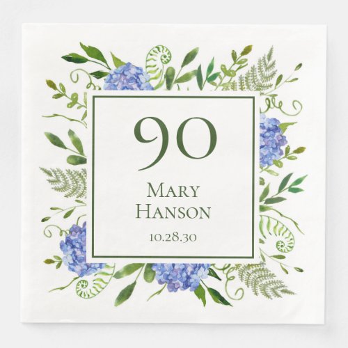 90th Birthday Blue Hydrangeas Paper Dinner Napkins