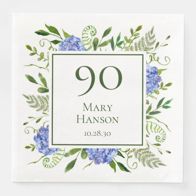 90th Birthday Blue Hydrangeas Paper Dinner Napkins (Front)