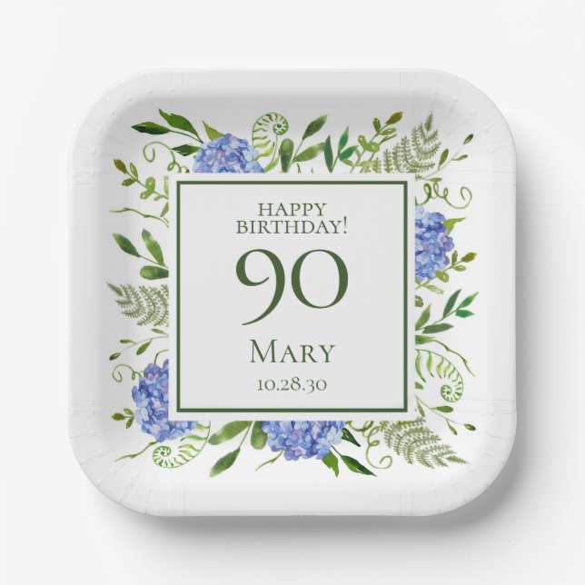 90th Birthday Blue Hydrangeas Paper Plates (Front)